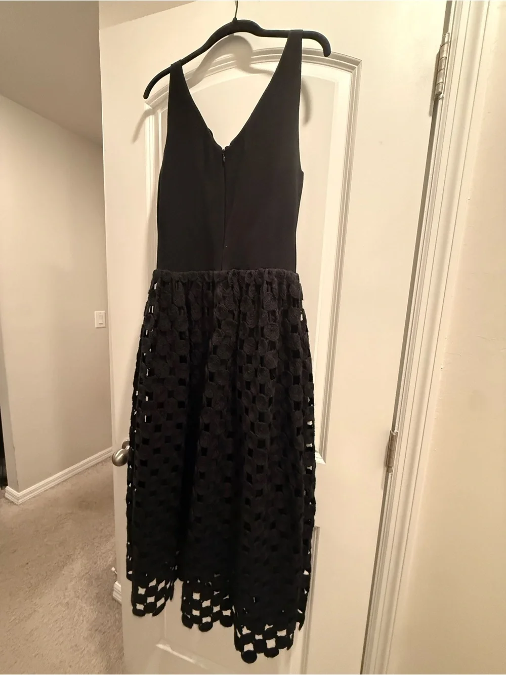 Tory Burch Black V-Neck Midi Dress with Lace-Crochet Skirt